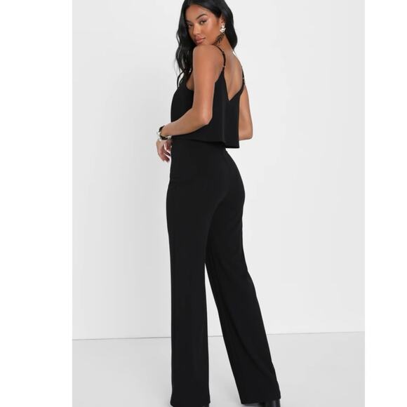 Lulus Black Wide-Leg Jumpsuit – Size L, NWT Elegant Overlay Bodice - Picture 3 of 9